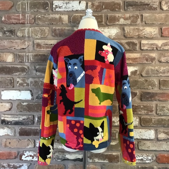 SUSAN BRISTOL VTG Multicolor Dog Whimsy Colorblock Full Zip Cardigan Sweater M - Picture 2 of 6